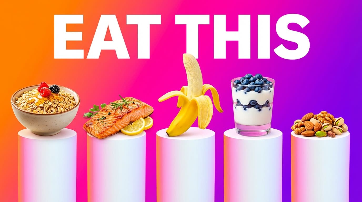 AI-generated food photography showing five energy-boosting foods